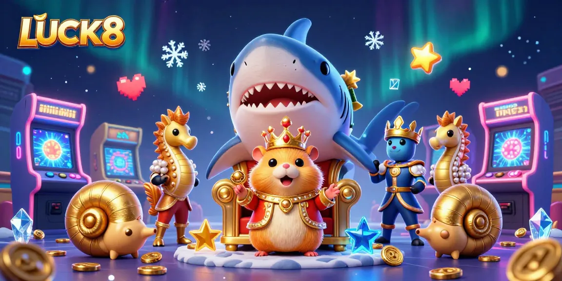 LUCK8 hô biến với vua chuột vàng và các bảo vệ cưỡi ngựa trong casino đầy màu sắc.