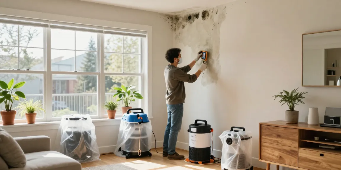 Homeowner engaged in mold remediation North Vancouver, using a moisture meter to assess damp drywall in a bright, safe space.