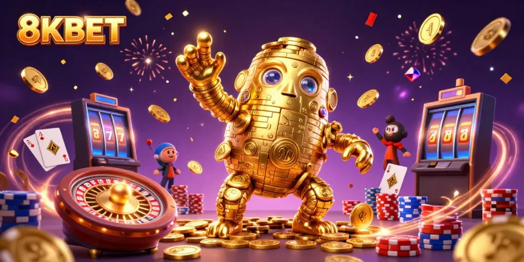 Experience thrilling gaming action at 8KBET with exciting characters and casino elements!