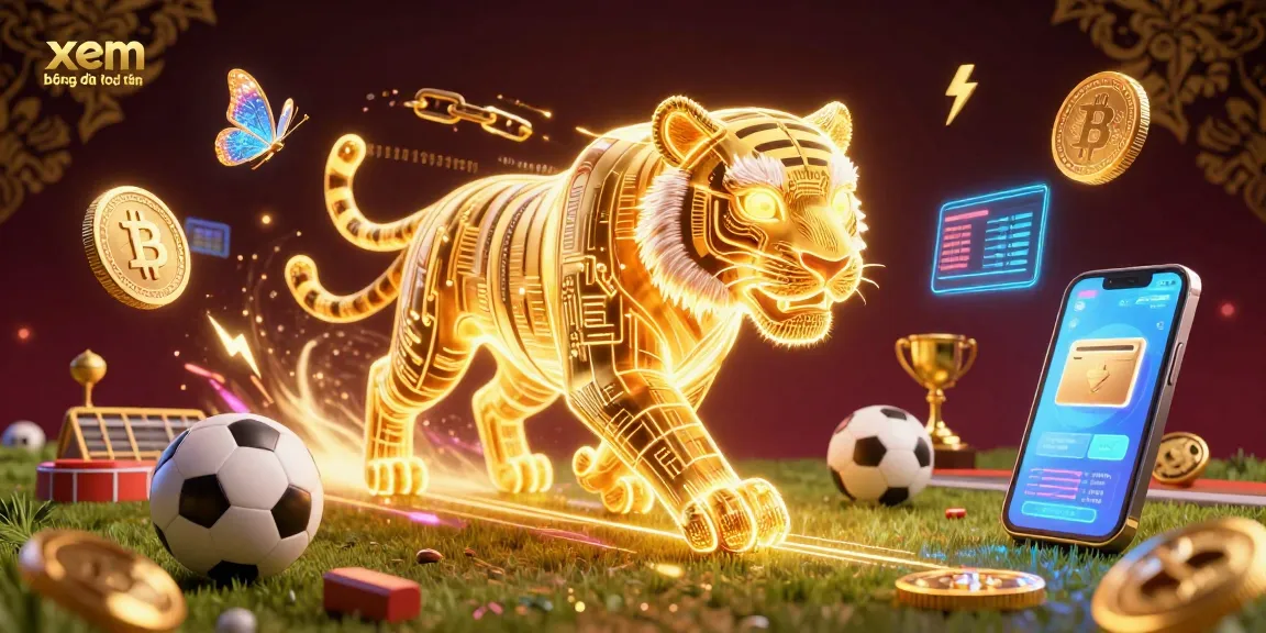 Experience xem bóng đá trực tiếp in a vibrant 3D digital landscape filled with sports betting elements and neon coins.