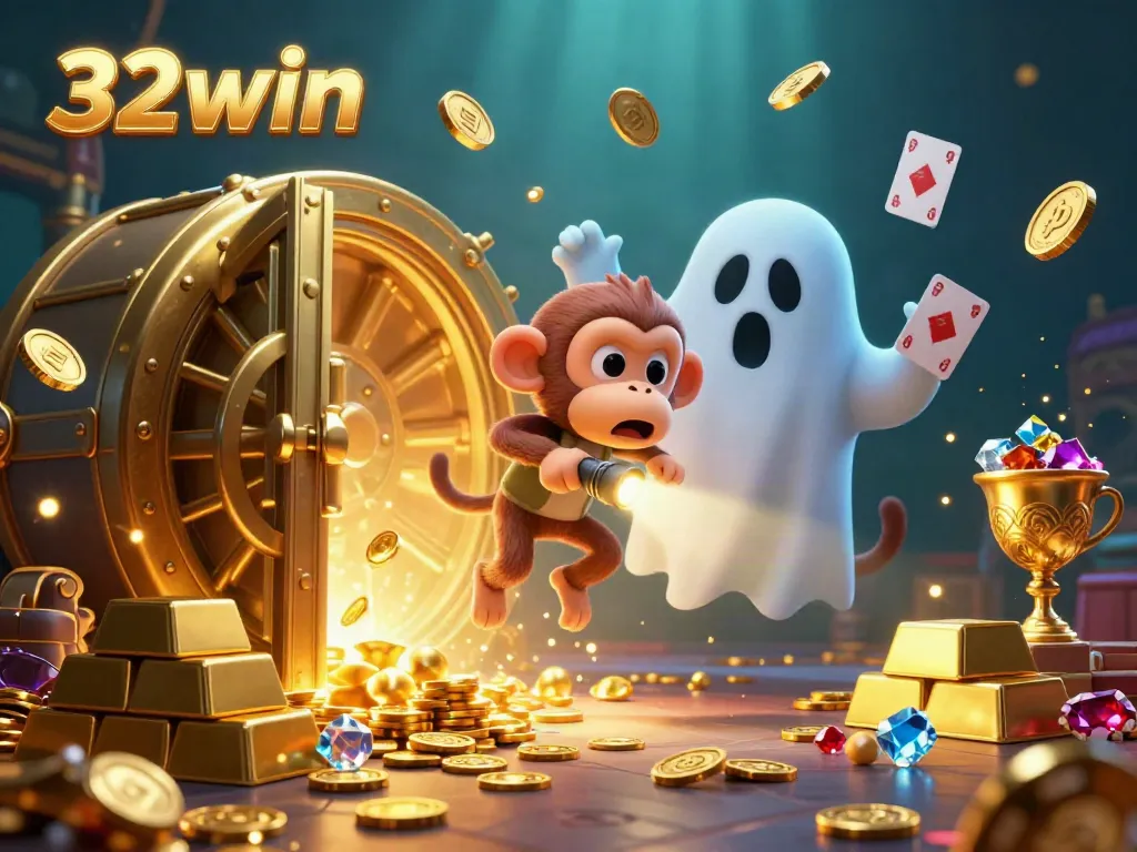 Experience thrilling juggles from 32win's ghostly monkey amidst a jackpot-filled casino.