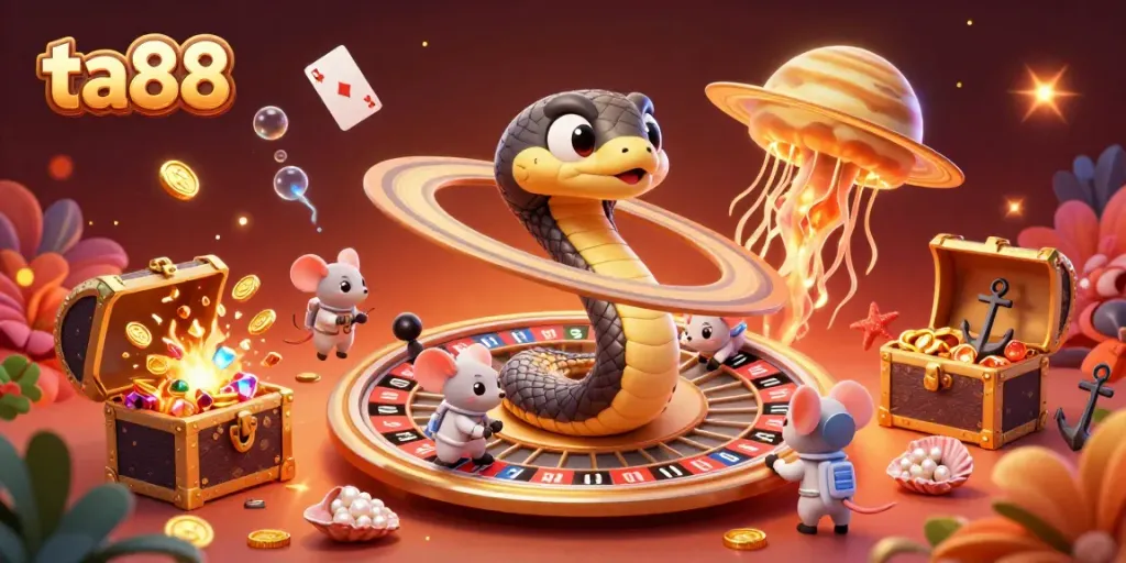 Engage in thrilling bets at ta88 with a cosmic casino scene featuring a unique snake roulette and animated astronaut mice.