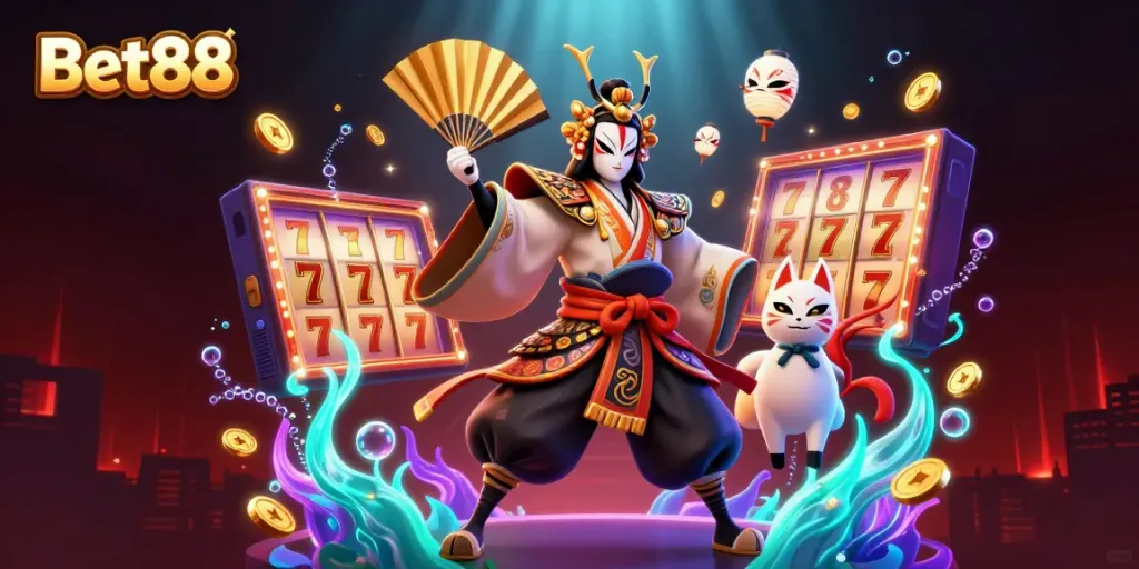 Experience the excitement of Bet88 with a vibrant 3D casino scene featuring a kabuki warrior and kitsune mask, surrounded by captivating gaming elements.