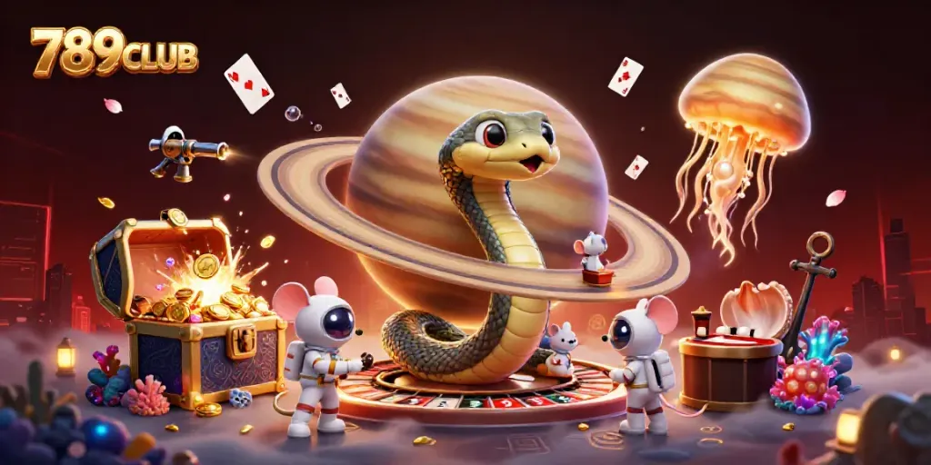 Engaging 3D scene of 789CLUB's cosmic casino with playful astronaut mice betting on a roulette wheel of Saturn's rings.