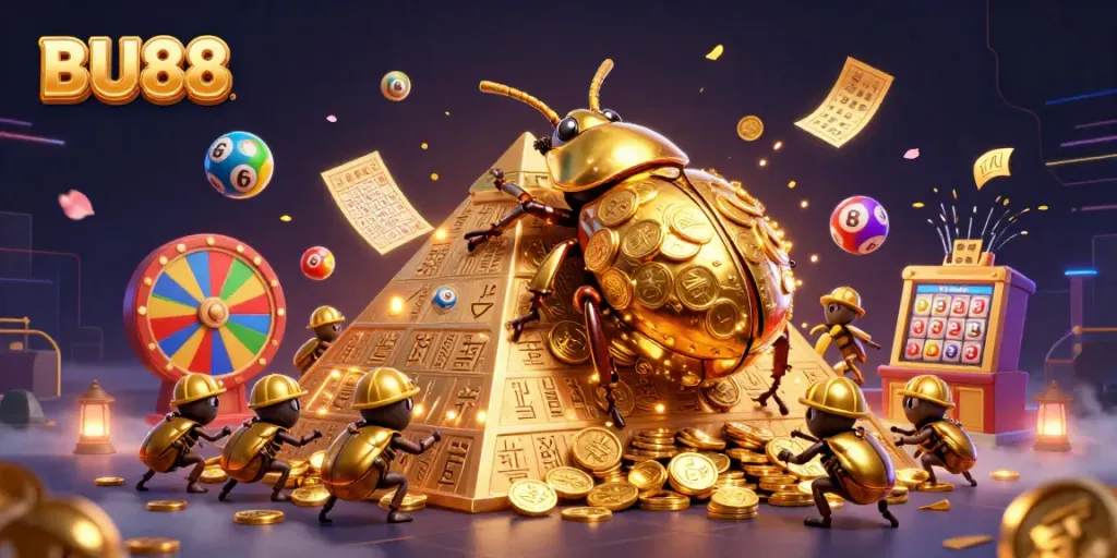 Experience high-stakes fun at BU88 with vibrant lottery balls and golden treasures.