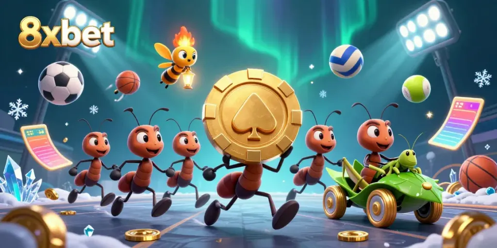 Experience thrilling sports betting action with 8xbet as cartoon ants navigate a dynamic heist scene.