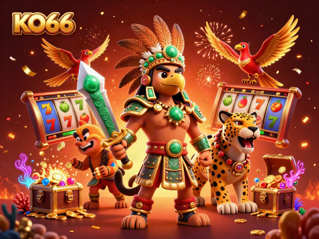 Immerse in KO66's vibrant casino scene with Aztec warriors and gold treasures.