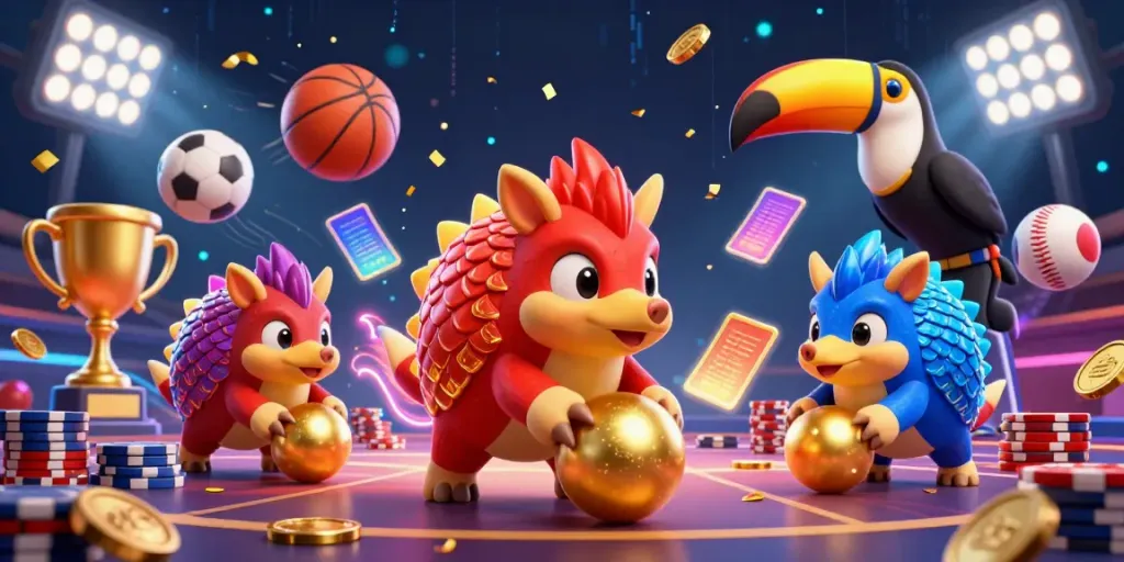 Engage in thrilling gameplay with c168 as rival pangolins navigate poker chips amidst dazzling sports elements.