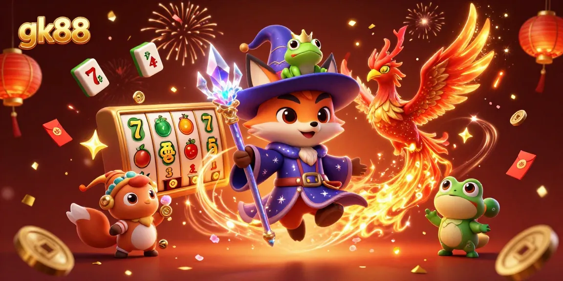 Experience the magic of gk88 with a wizard fox, phoenix, and vibrant casino elements in a dazzling setting.