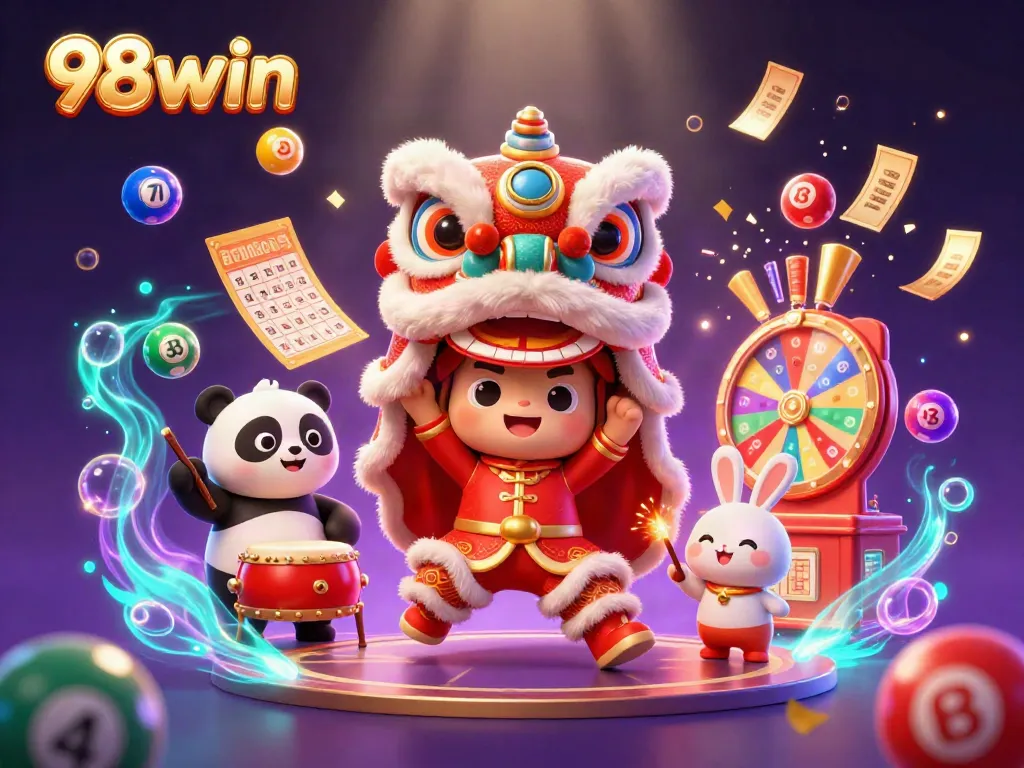 Celebrate wins with 98win in a vibrant 3D casino illustration featuring lively gaming characters and dynamic action.