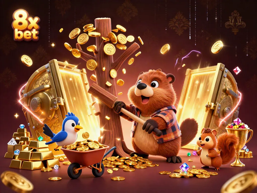 Collect coins and treasures in an exciting 8x bet casino scene with cartoon characters.
