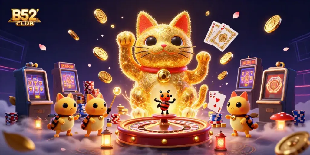 Experience B52CLUB excitement through a vibrant 3D illustration of lucky symbols and dynamic casino elements.