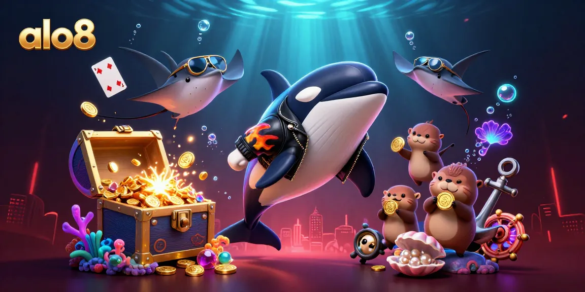 Experience thrilling gaming with alo8, featuring an adventurous underwater scene of characters celebrating treasure in a vibrant casino-themed environment.
