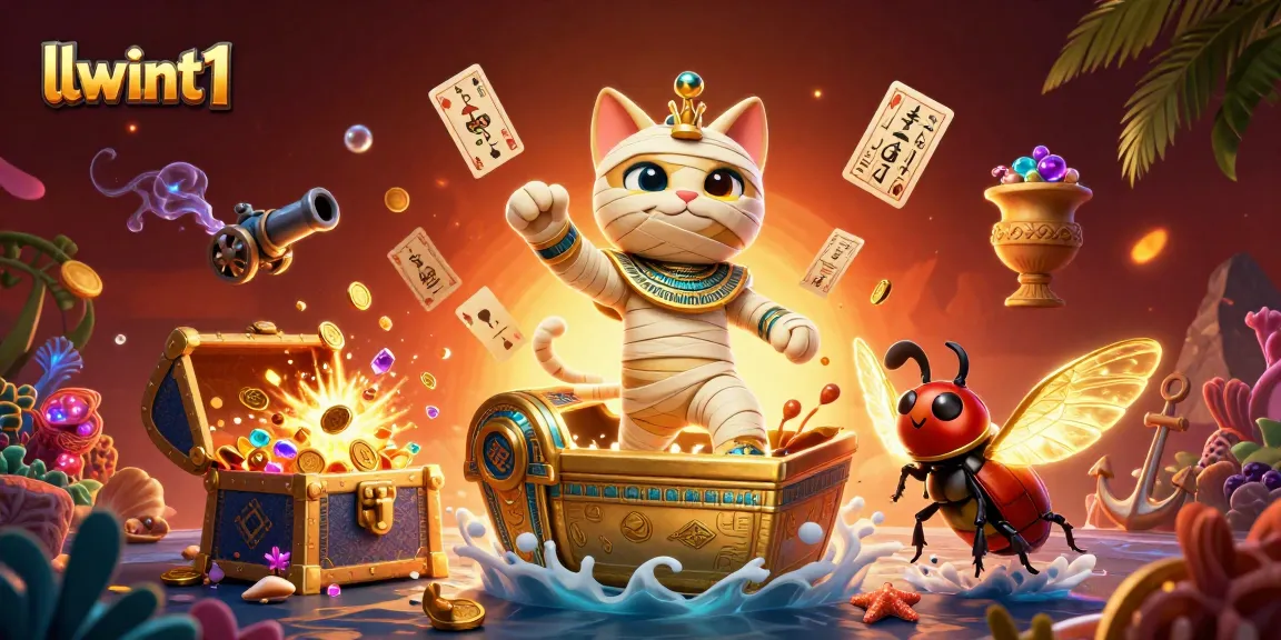 llwint1 features a vibrant 3D illustration of a mummy cat and golden elements in a casino