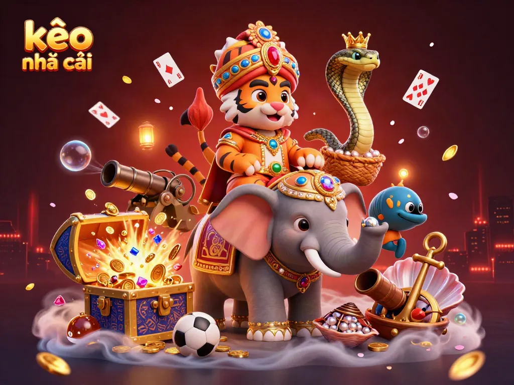 Experience the excitement of kèo nhà cái with a vibrant scene featuring sports elements and an expressive tiger character.