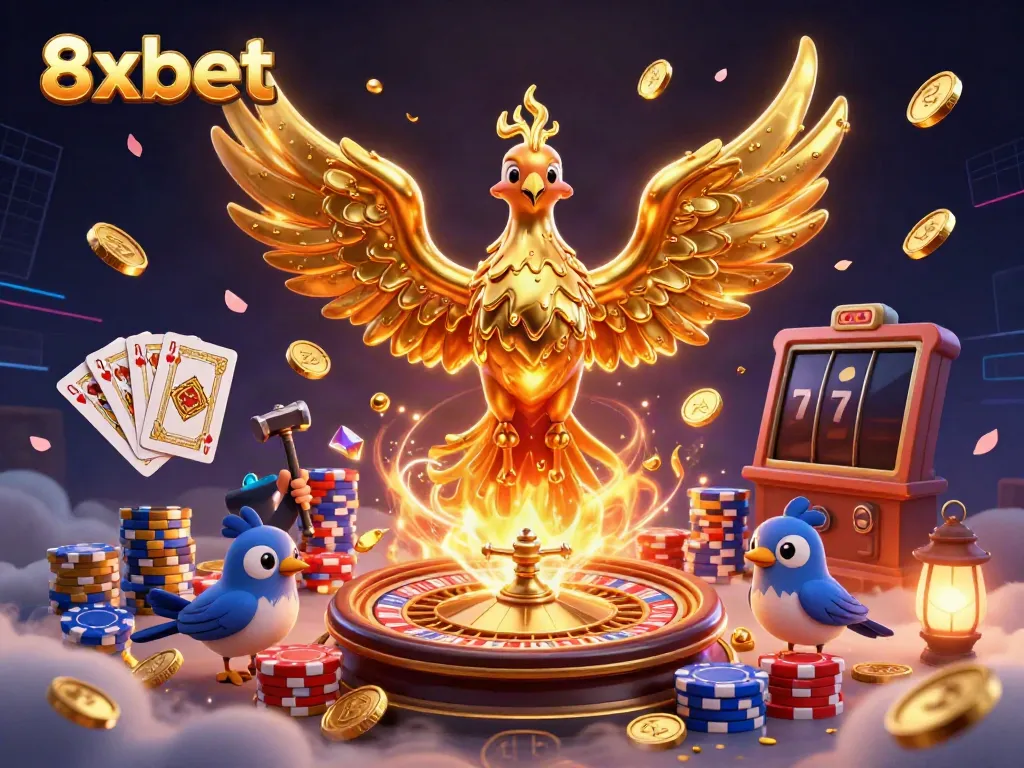 Engage with vibrant 8xbet gaming experience, where a golden phoenix emerges amidst dynamic casino elements.