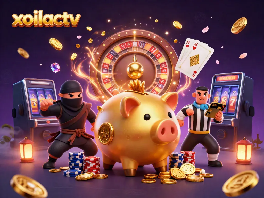 Xoilactv showcases a vibrant 3D scene featuring a sumo wrestler piggy bank amidst cascading coins and gaming elements.