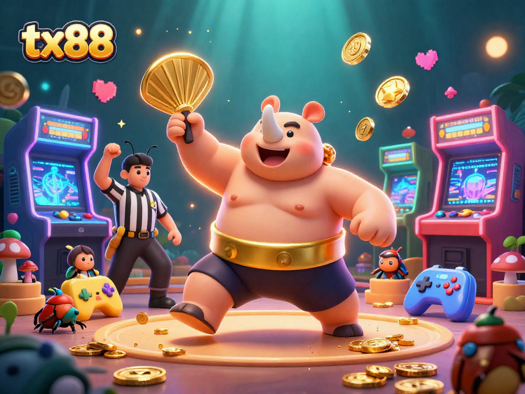Win big with tx88 as a sumo beetle champion stomps coins in a vibrant casino scene.