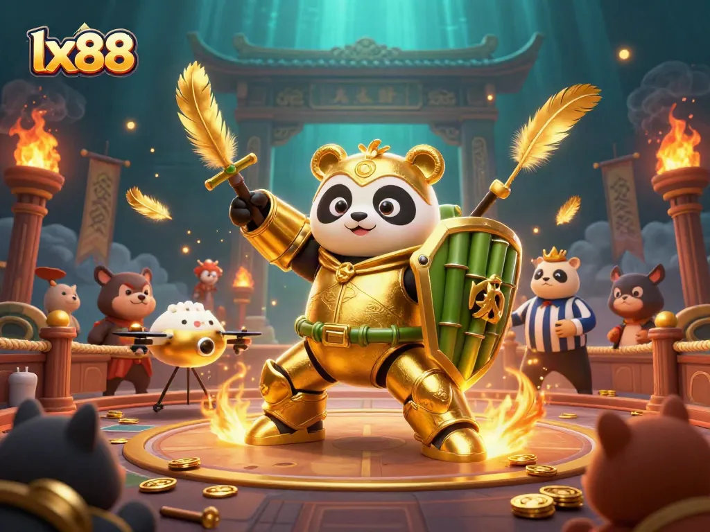Join the excitement at lx88 with a golden panda in a gambling arena under fireworks.