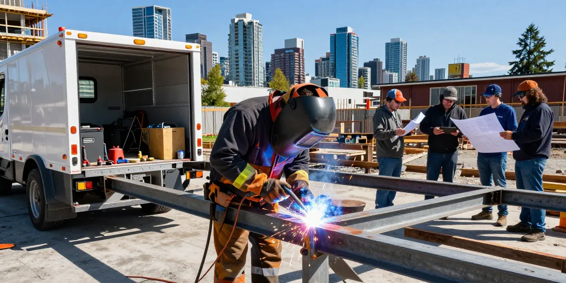 Welding in Vancouver - mobile welder performing structural steel welding on-site with urban backdrop.