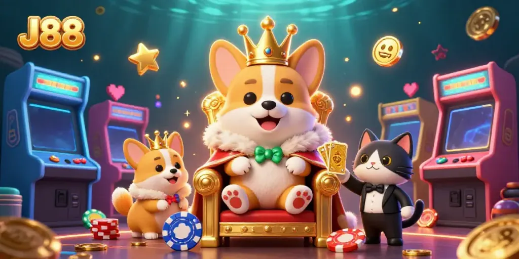 Join the J88 adventure with a corgi gambling amidst vibrant 3D game elements and golden treasures.
