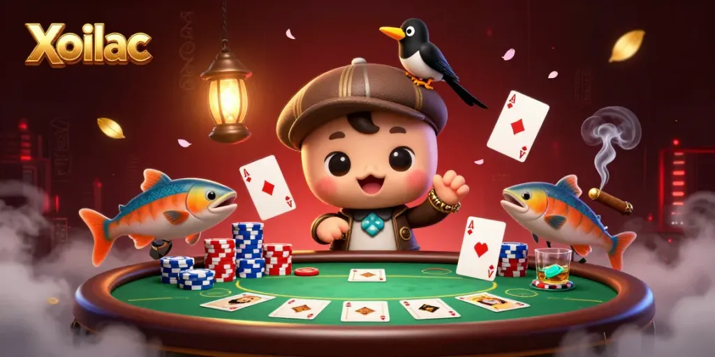 Xoilac invites players to enjoy a lively poker scene filled with vibrant characters and casino elements.
