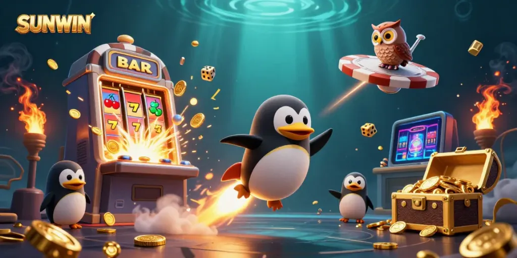 Experience the excitement of SUNWIN with a golden penguin in a casino space chase filled with gold coins and jackpot symbols.