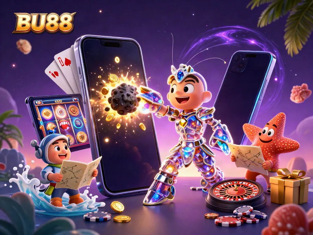 Experience thrilling wins with BU88 as the mantis shrimp battles an asteroid, bursting with gems and coins.