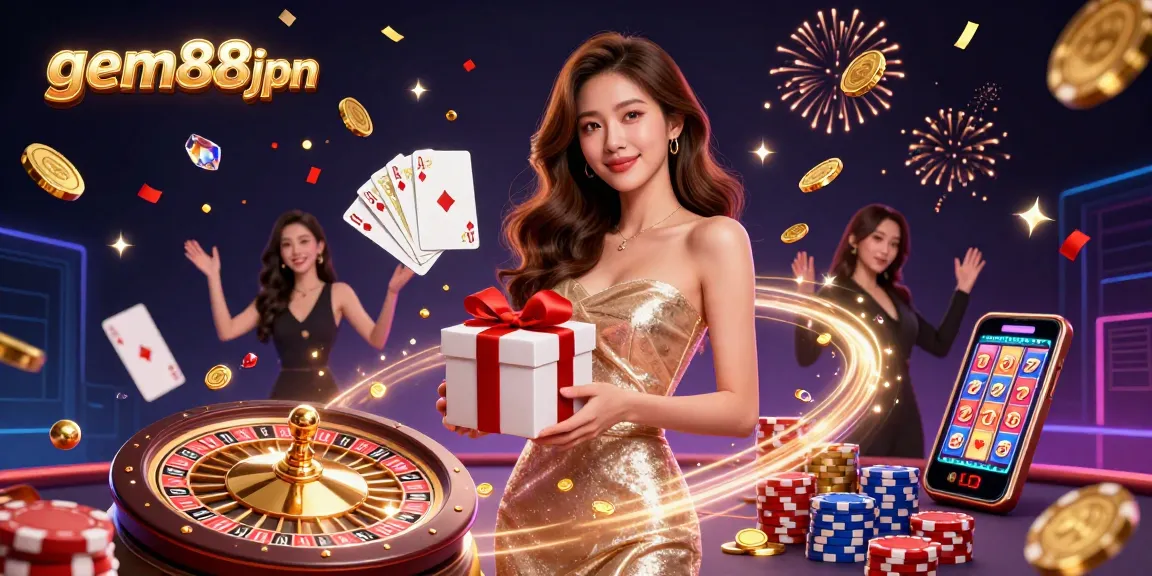 Enchanting scene featuring gem88jpn casino with an Asian model, festive elements, and exciting gameplay.