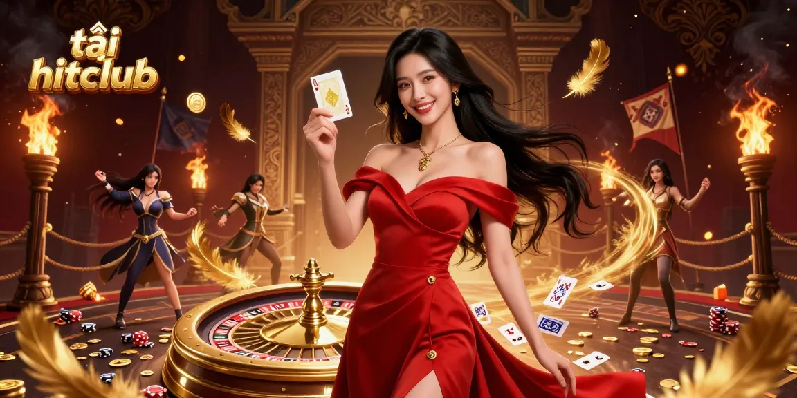 Engage in thrilling casino games with tải hitclub, featuring a stunning Asian woman by a roulette wheel.