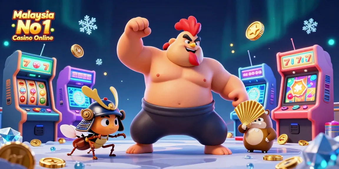 Engage with Malaysia No 1 Casino Online's vibrant gaming scene featuring lively 3D cartoon characters amidst dynamic gaming elements.