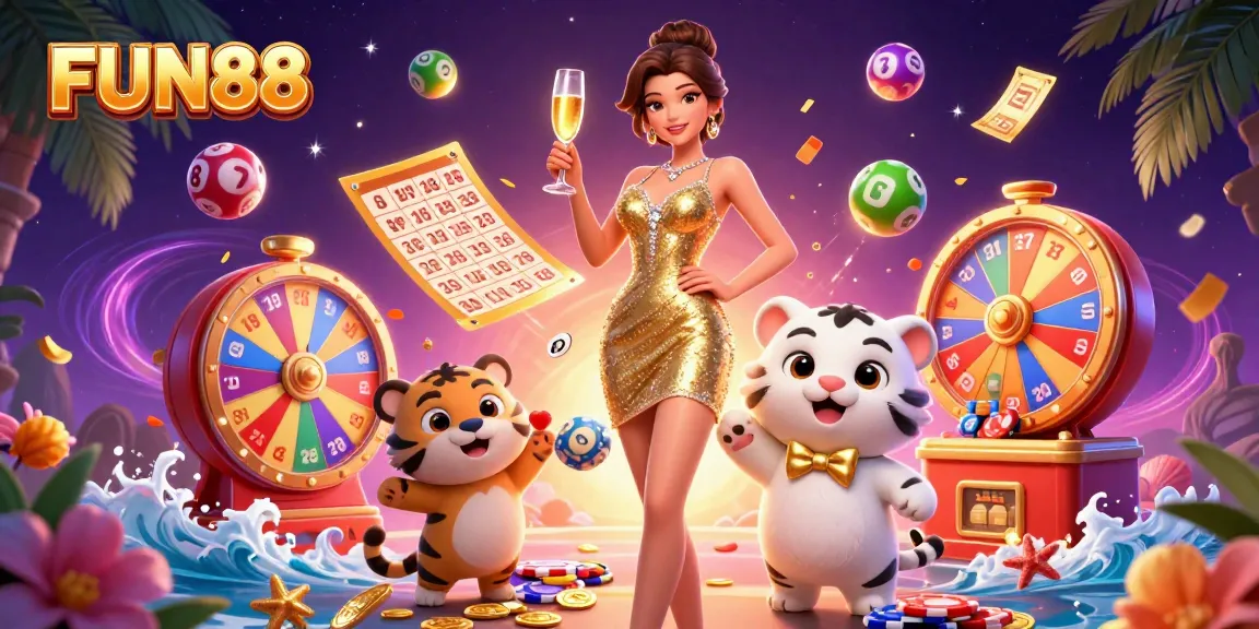 Experience FUN88's vibrant game atmosphere with dynamic lottery elements and characters.