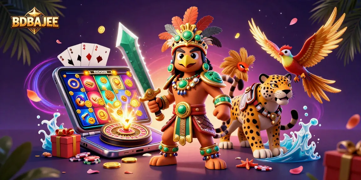 BDBAJEE's vibrant 3D illustration showcases a cartoon Aztec warrior and gaming elements, immersing players in exciting casino action.