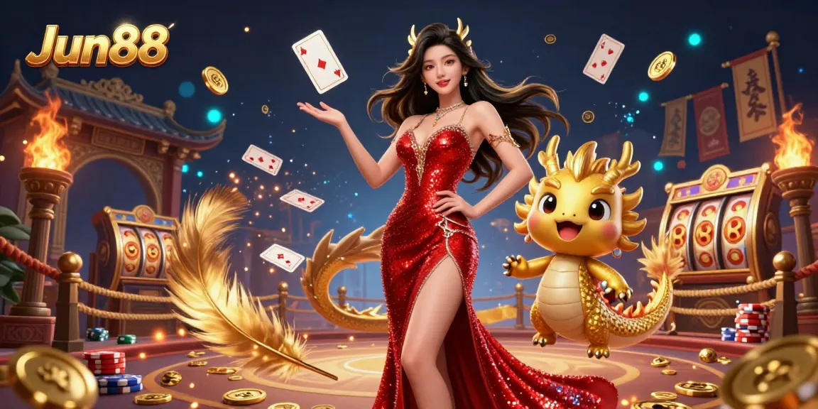 Experience excitement at Jun88 with a captivating 3D scene featuring dynamic casino elements and characters.