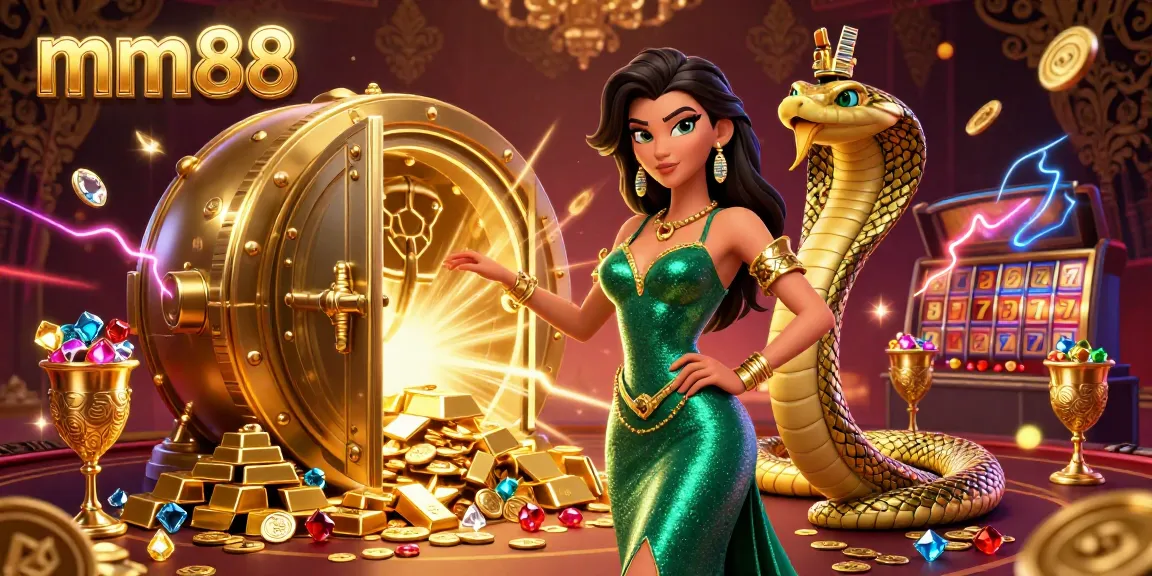 Engage with mm88's thrilling casino atmosphere, featuring a stunning woman and golden cobra amidst treasures.
