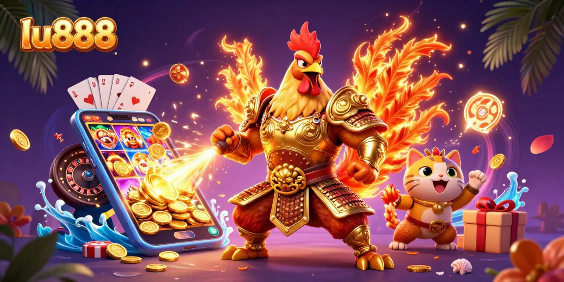 Experience exciting gameplay at lu888 with a dynamic 3D illustration showcasing gambling elements.