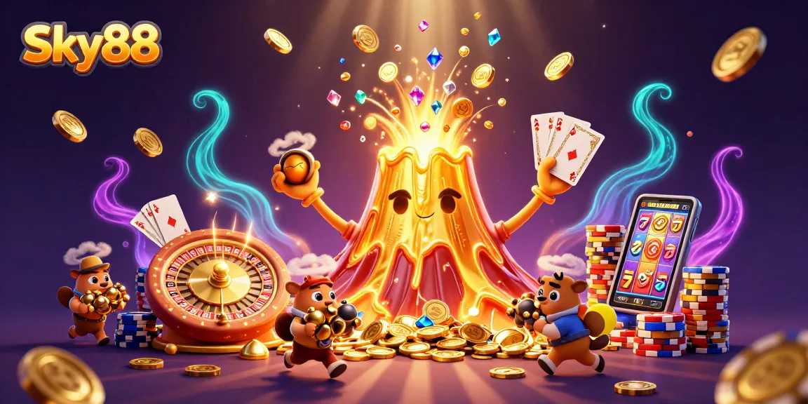 Experience Sky88's thrilling casino adventure with a golden volcano erupting coins and treasures.