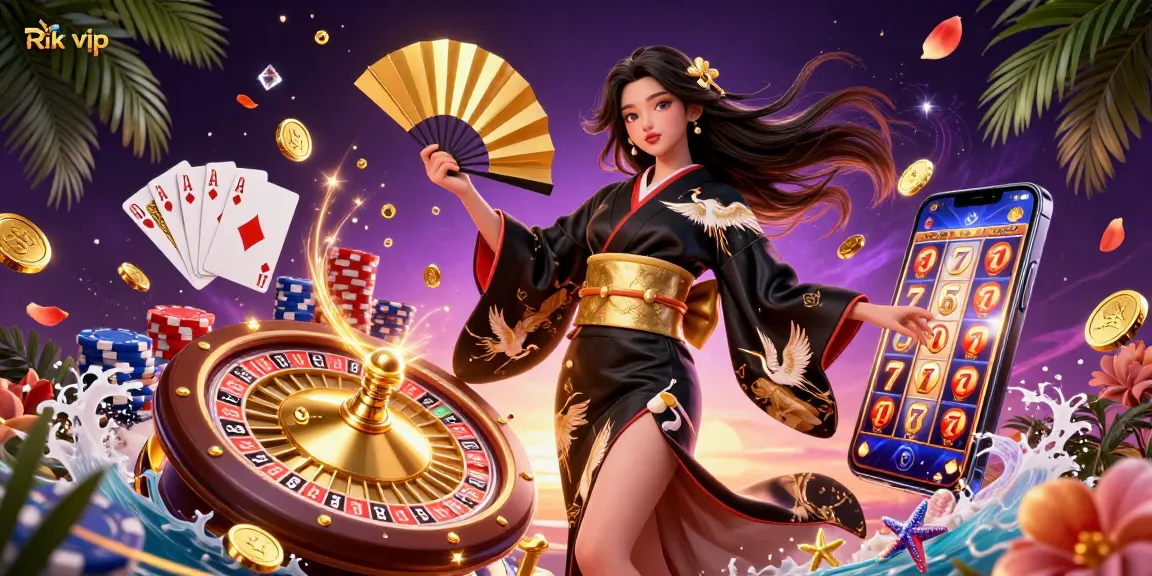 Experience thrilling gameplay at Rik vip with elegant characters, spinning roulette, and vibrant casino elements.