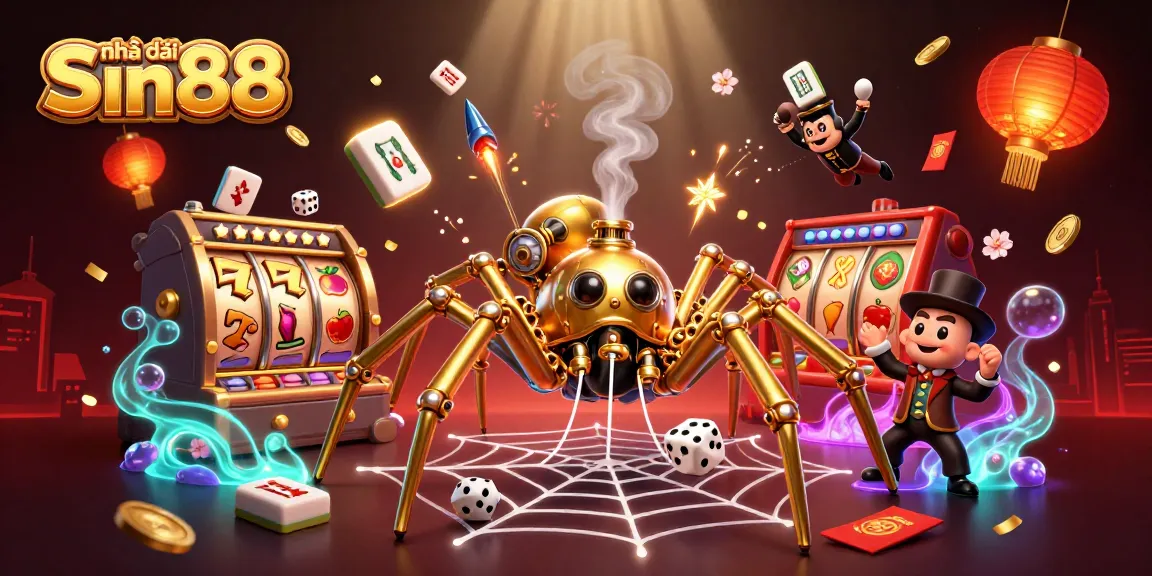 Experience thrills with Nhà cái Sin88's dynamic gaming landscape featuring colorful slots and steampunk elements.