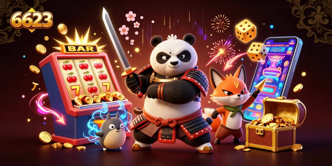 Experience the excitement of 6623 with a dynamic casino scene showcasing a samurai panda, ninja fox, and treasure-rich slot machine.