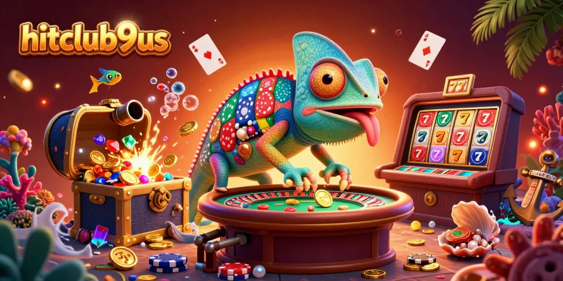 Engage with hitclub9us in a vibrant cartoon casino scene, featuring a chameleon owner amidst dynamic gaming elements.
