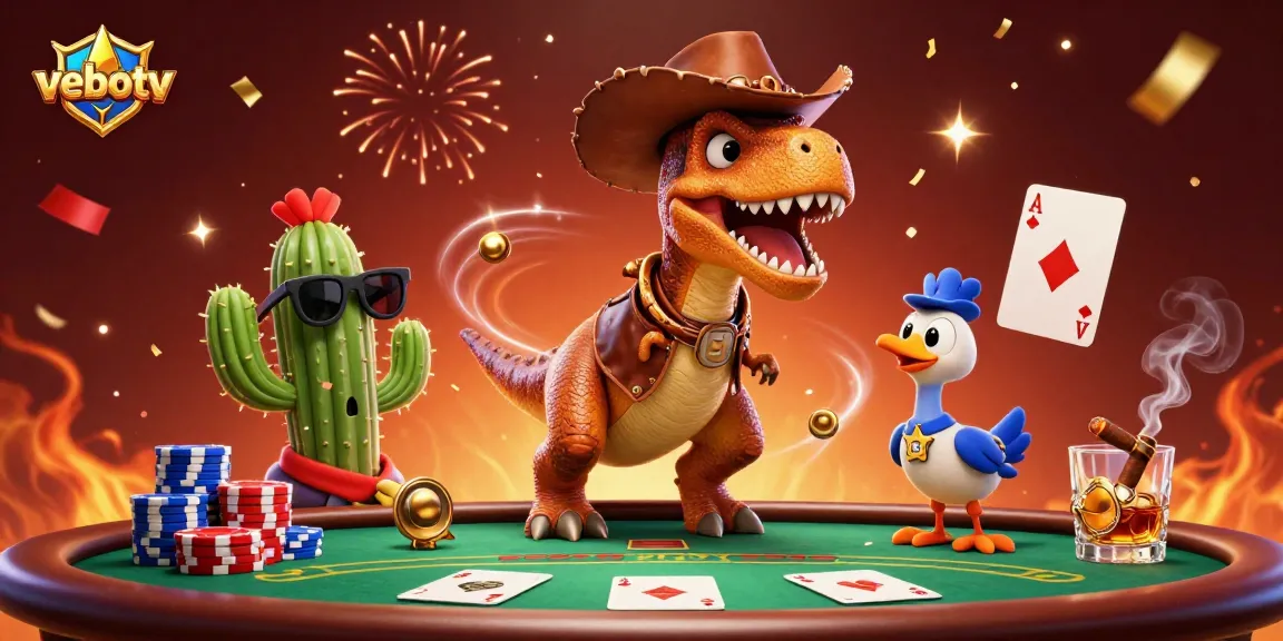 Experience thrilling gameplay with vebotv as a T-Rex cowboy and friends surround a vibrant poker scene.