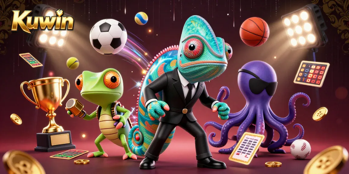 Kuwin showcases a vibrant casino scene with a secret agent chameleon, a tech gecko, and a villainous octopus amidst dynamic sports elements.