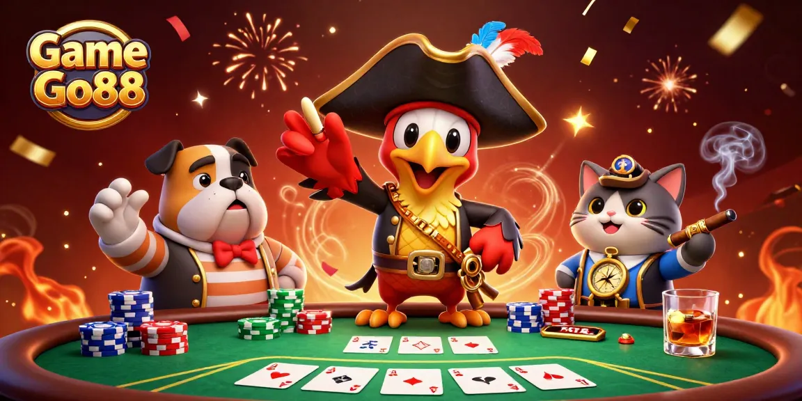 Engaging scene of Game Go88 showcasing lively characters around a poker table with vibrant decorations.