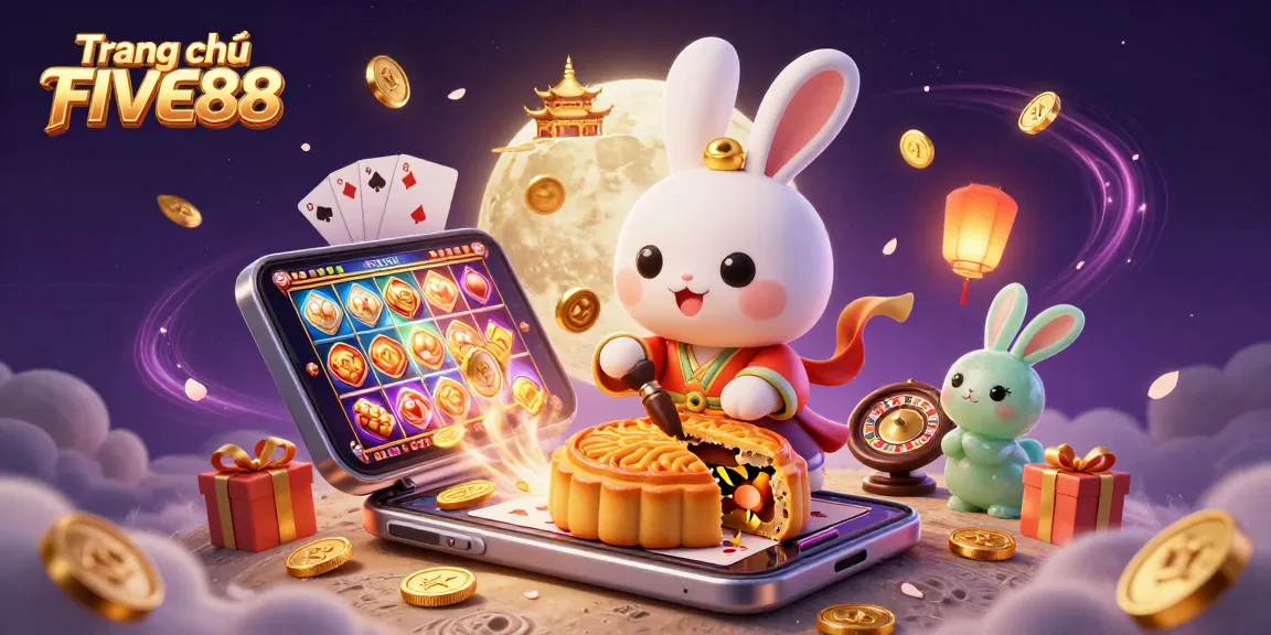 Engage with Trang chủ FIVE88 through a vibrant scene showcasing a moon rabbit, golden mooncakes, and dynamic casino elements.