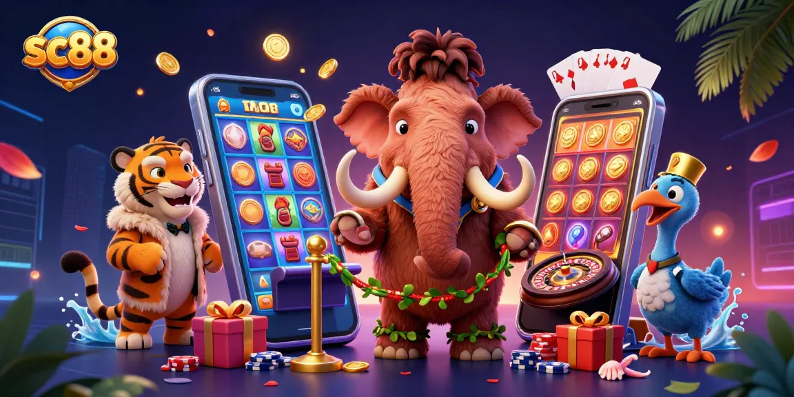 Experience thrilling games at sc88 with a vibrant scene of a mammoth bouncer, VIP guests, and dynamic casino elements.