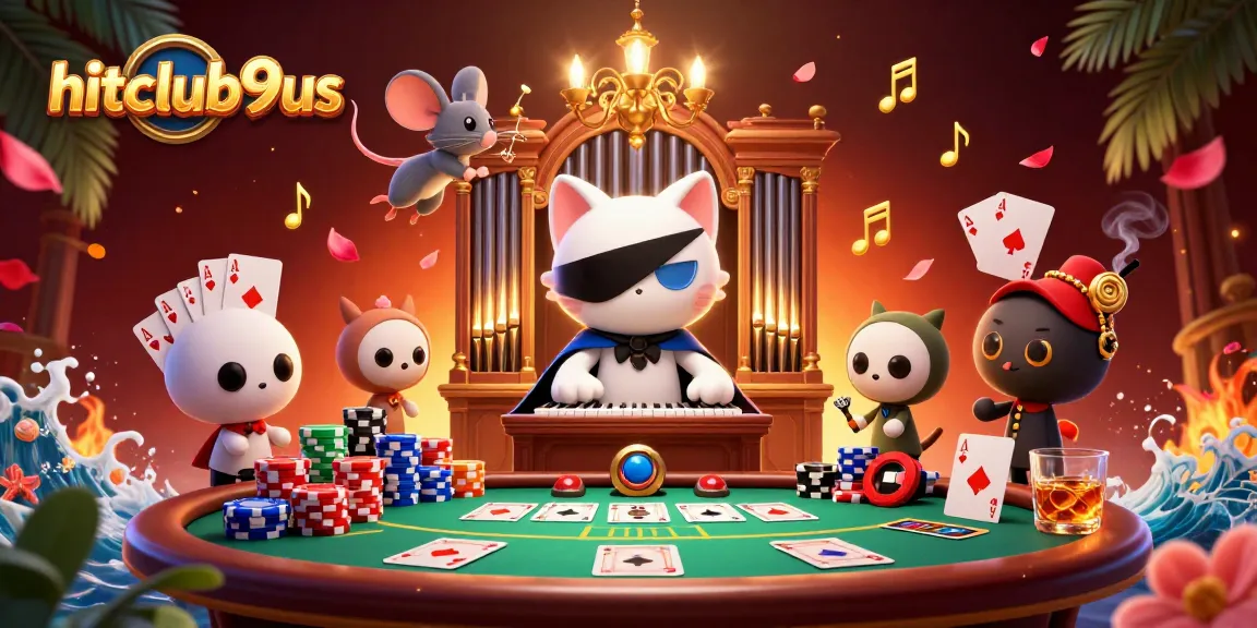 Hitclub9us showcases a lively casino scene with a masked cat and acrobat amid poker chips.