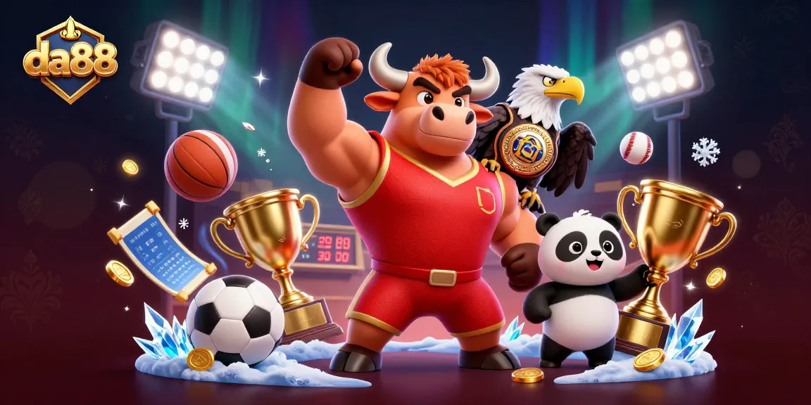 Bet on big wins with da88 featuring a bull mascot, eagle, and panda celebrating victory.