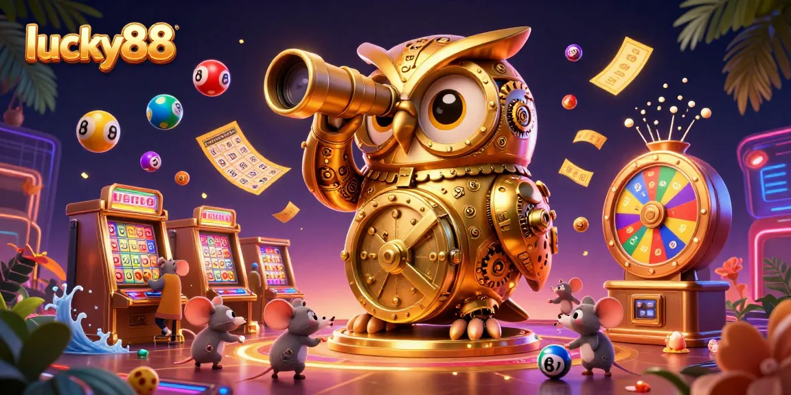 Engage luck with lucky88 as a golden owl oversees vibrant casino activities and festive elements.