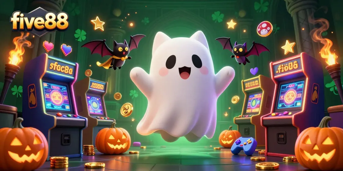 Engage with five88's vibrant haunted casino scene featuring a floating ghost cat and glowing gaming elements.